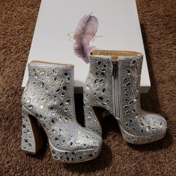 Jessica Simpson Dollyi Silver Blinged Out Rhinestone Platform Ankle Boots - Picture 10 of 12